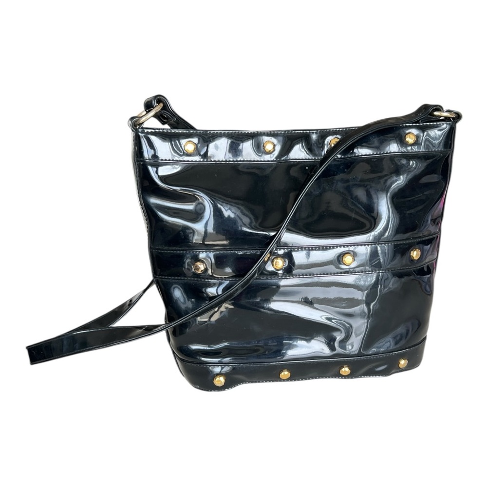 Vintage Black Patent Leather Studded Bucket Bag Crossbody